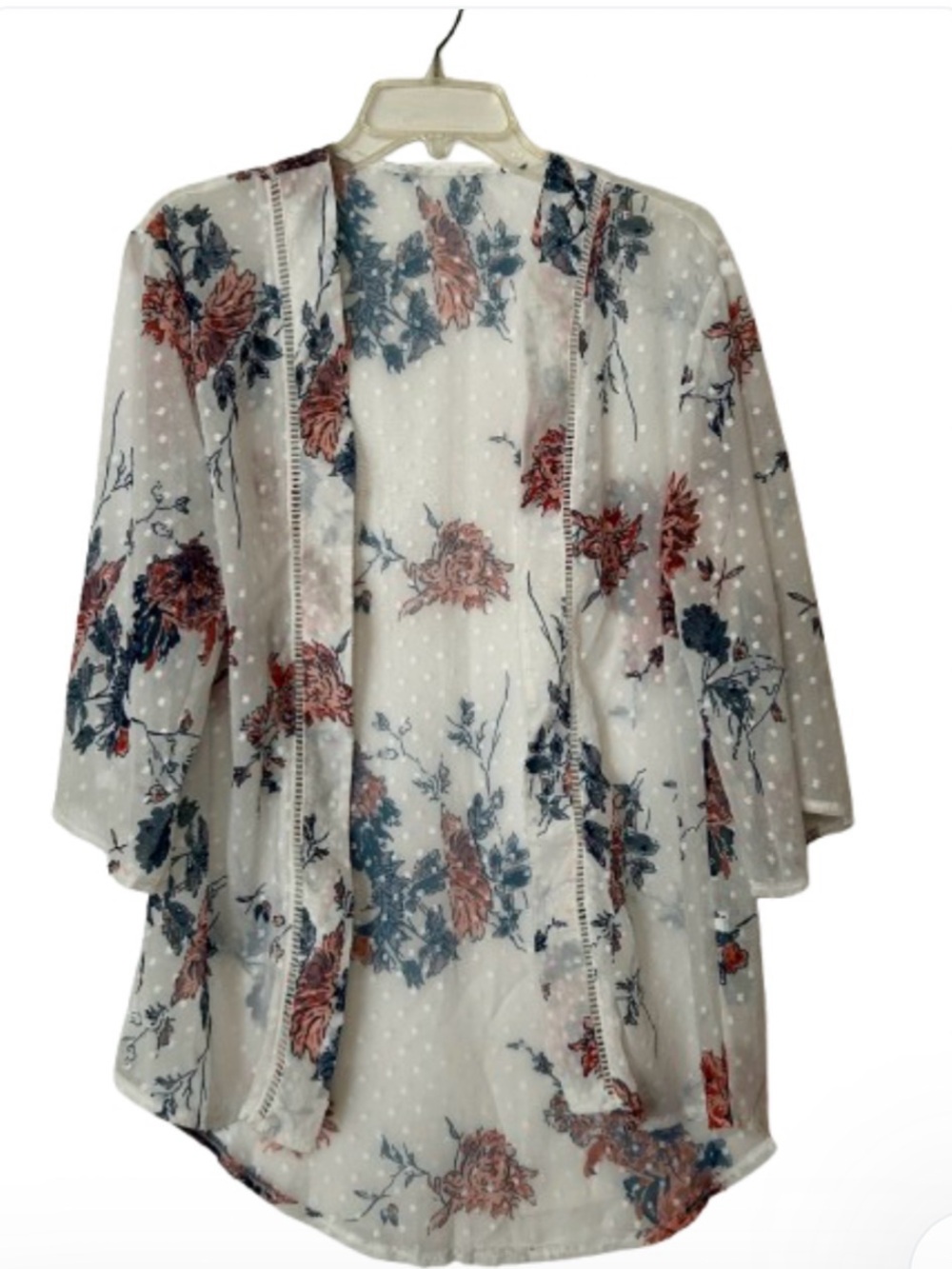 Boho Kimono Sheer Floral Dotted Swiss Cardigan Beach Coverup M